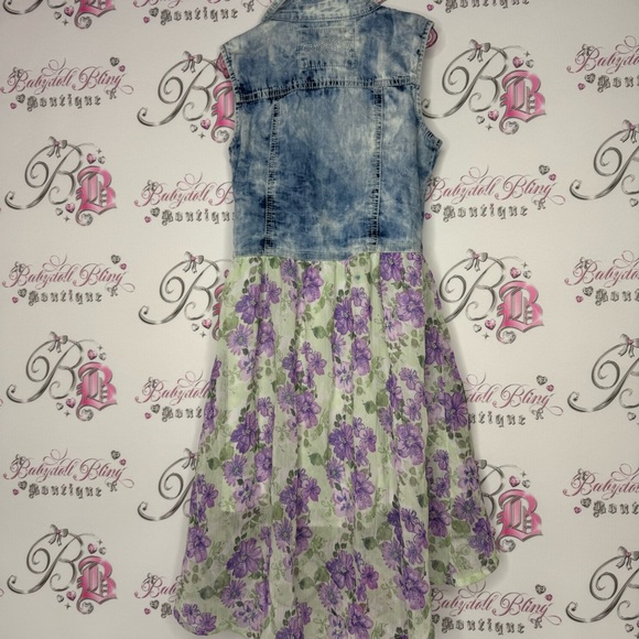 Guess dress high low denim look vest button up with floral skirt attached y2k - Picture 4 of 10